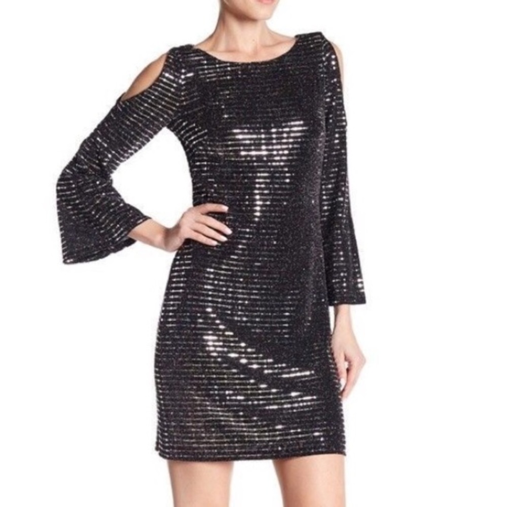 Eliza J Bell Sleeve Cold Shoulder Sequined Dress